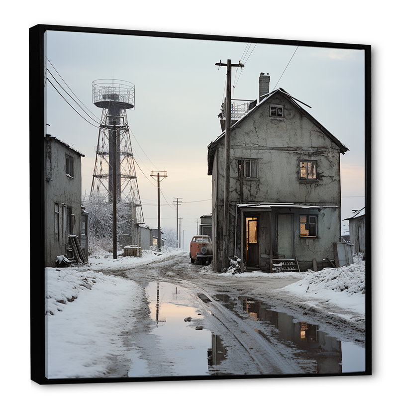 Warehouse Winter Scenery sur toile, Cadre flottant noir, H 24 po x l 24 po x P 1 po