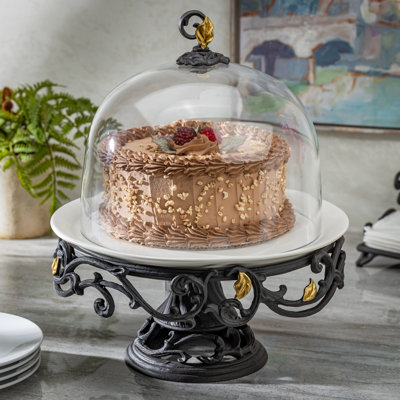 18-Inch Tall Gold Leaf 3 Piece Cake Pedestal with Ceramic White Stoneware Plates and Espresso Brown Vine and Gold Leaf Accented Base