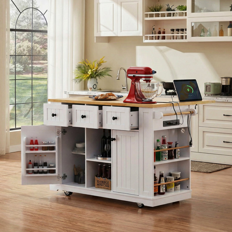 Large Kitchen Island With Rubber Wood Drop Leaf - Embossed Texture Rolling Kitchen Cart On 5 Wheels With Ample Storage, White