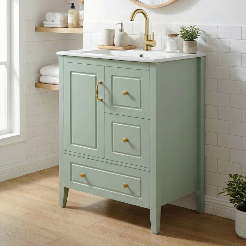 Meuble-lavabo 24 po avec lavabo, 1 armoire avec porte à fermeture douce, 3 tiroirs à fermeture douce, poignées en métal rétro, vert clair