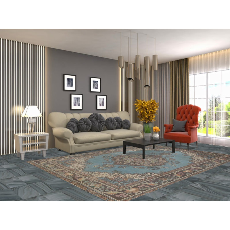 Tapis bleu clair fait à la main 7 x 9