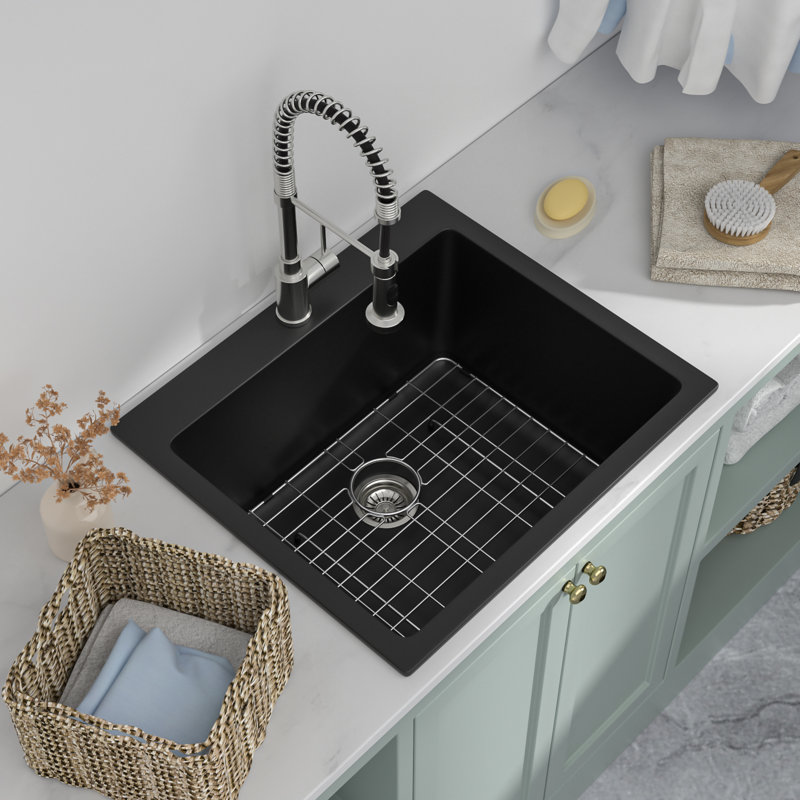 Évier à lessive 25 po à quartz noir avec lavabo profond 12 po avec support à roulettes et grille inférieure, Avec robinet