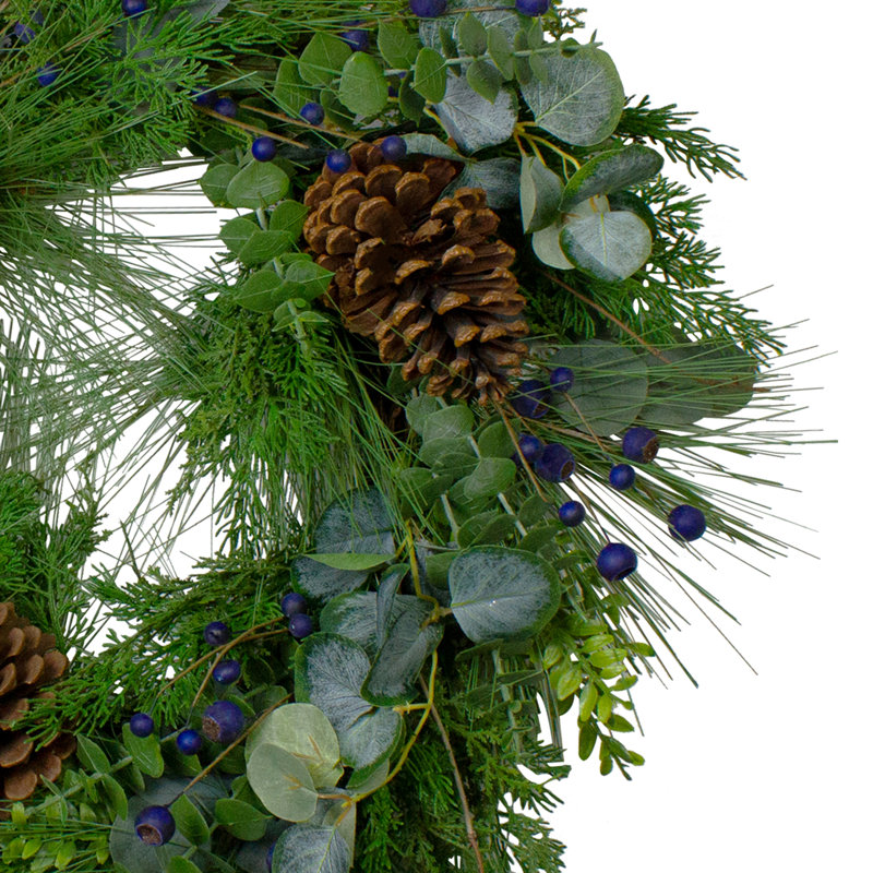 Couronne de Noël artificielle pin bleuet eucalyptus 28 po non éclairée