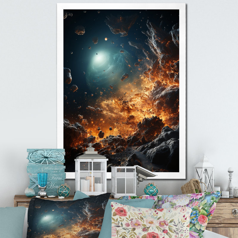 " Asteroids Planet Orange II ", 32" H x 24" W x 1" D, White Picture Framed