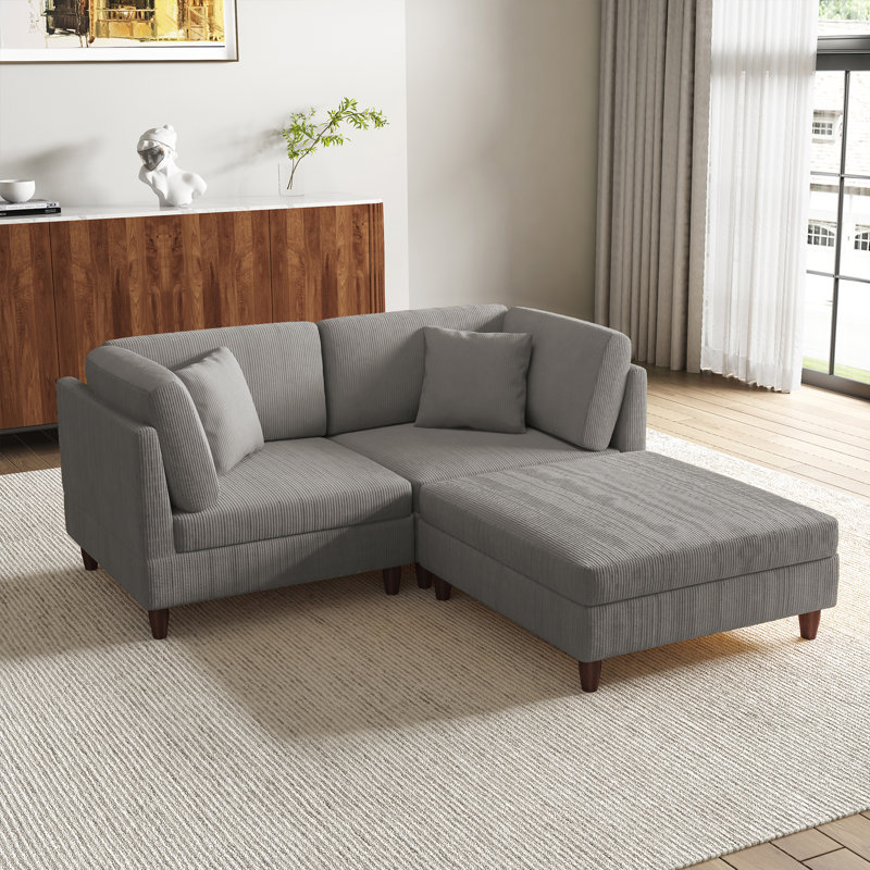 3-Piece Corduroy Modular Sectional with Ottoman , Light Gray Corduroy