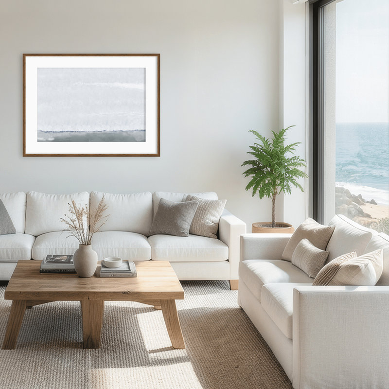 Coastal Retreat Silver Seas: Abstract Oceanscape, 36" H x 48" W x 1.125" D, Framed Matted Print, Brown