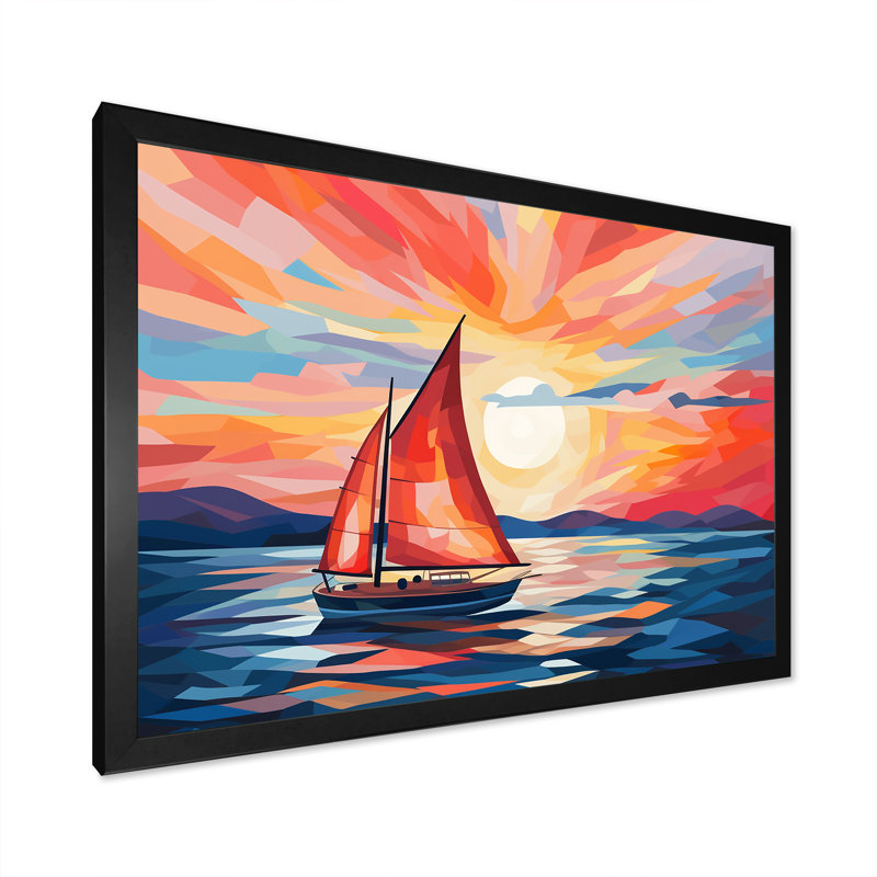 Coucher de soleil sur un bateau à voile II - bateau à voile, art mural, Cadre d'angle fermé noir, H 12 po x l 20 po x P 1 po