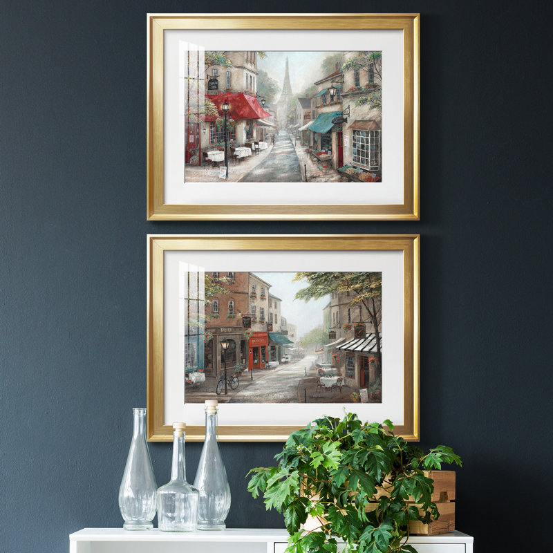 Eiffel View From Charlie's Café - Matted and Framed Under Acrylic Glass, Set of 2, Large Living Room Wall Art, Gold Framed