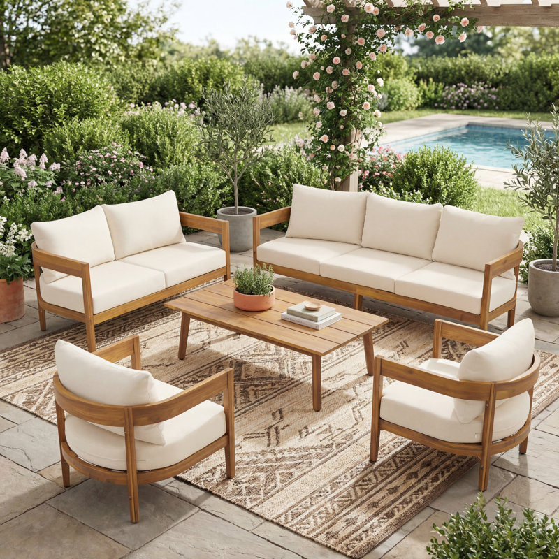 Lorene Outdoor 5-Piece Acacia Wood Conversation Set With Water-Repellent Cushions
