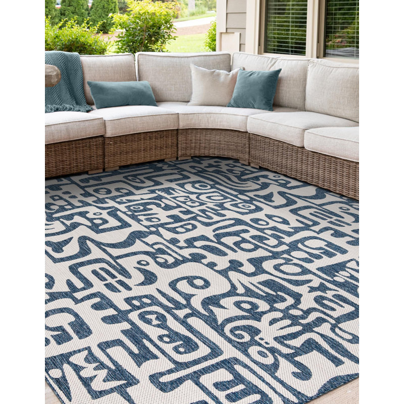 Tapis contemporain de couleur Nykeia de couleur bleue, Carré 7 pi 10 po