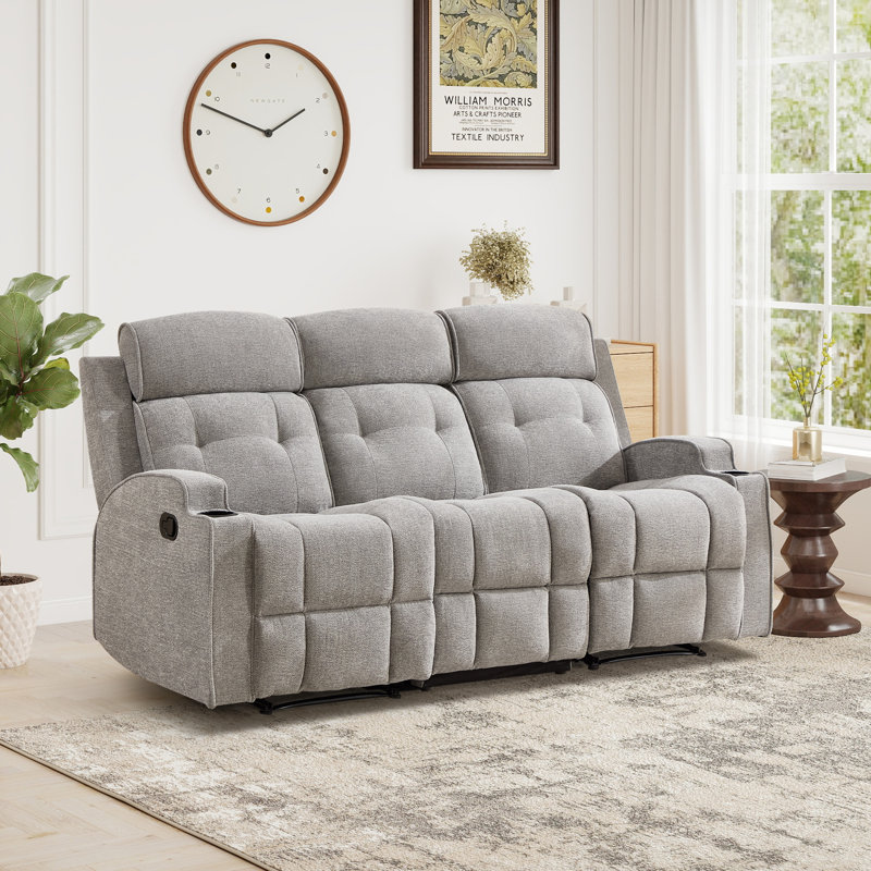 74.02" Wide Manual Reclining Sofa with Dual Cup Holders and Soft Microfiber Upholstery, Light Gray