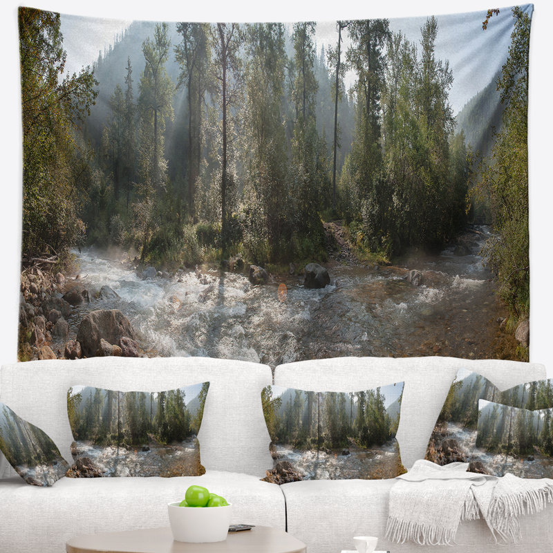 Tapisserie de panorama paysage mountain river, H 32 po x l 39 po