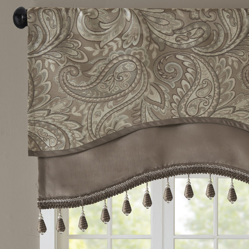 Aubrey Jacquard Window Rod Pocket Single Valance With Beads, Blue/Brown