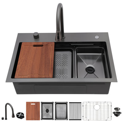 Évier de cuisine 31 po à cuve simple à montage sur cascade en acier inoxydable de calibre 16 noir avec robinet de pluie