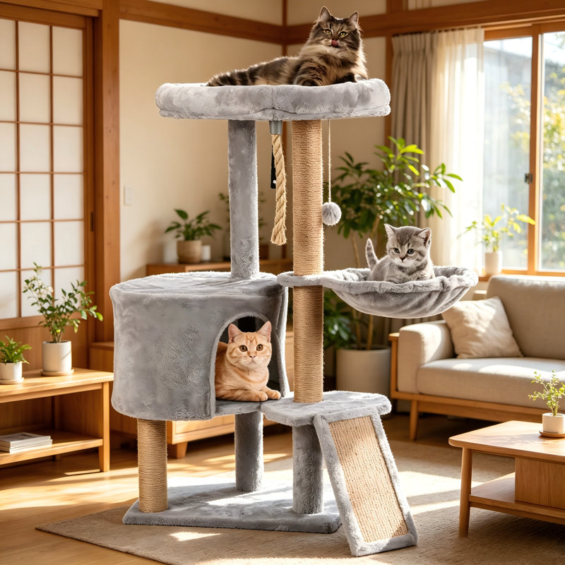 Grand arbre à chat de 38 pouces gris clair, tour pour chat d'une seule pièce avec poteau à griffer, perchoir, hamac et balle jouet.