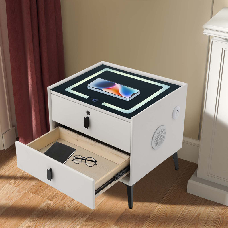 Smart Bedside Table with 2 Drawers, Bluetooth Speaker, Wireless Charging Station, USB Ports, LED Light and Fingerprint Lock, Modern Nightstand 19.70" W x 15.75" D x 18.11" H