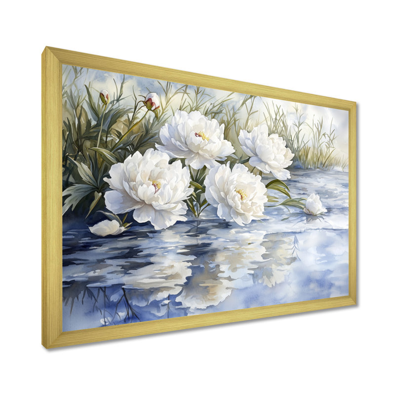 Olinger, pivoines blanches par l'étang gelé I - pivoines, art mural, Reproduction encadrée d'une seule photo, Doré