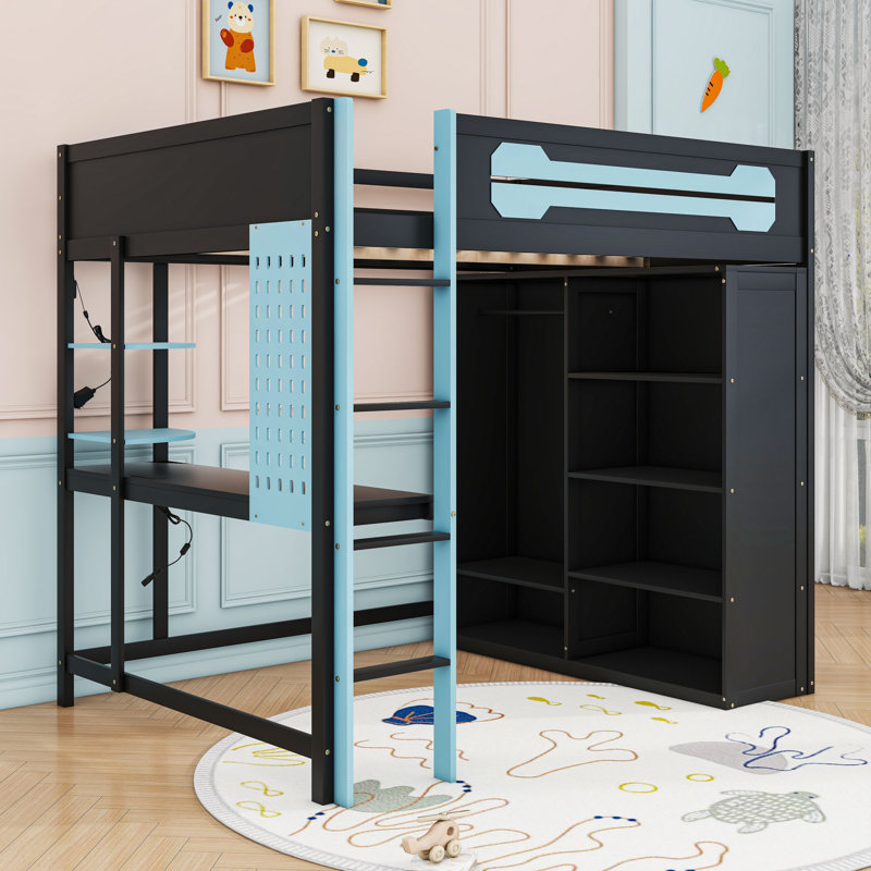 Full Size Wood Loft Bed with RGB Lighting and Desk, Blue