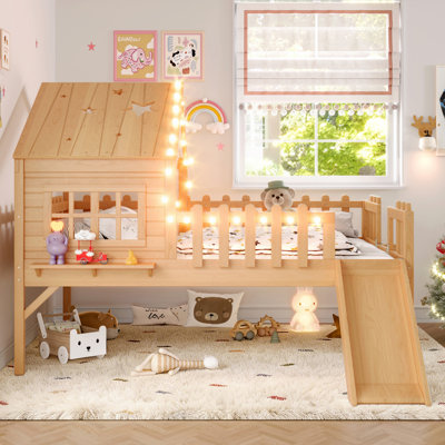 Full  Size House Loft Bed for Kids with Slide, Star & Moon LED Playhouse Design, Window, No Box Spring Needed,Natural