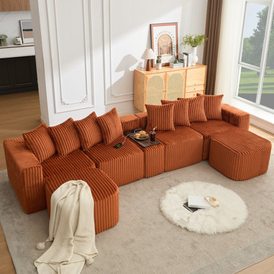 Canapé en U de 137,5 po, charge USB et sans fil, table basse avec porte-gobelet, canapé modulaire surdimensionné et mobile, tabouret de pieds mobile, sans assemblage, 6 sièges, velours côtelé