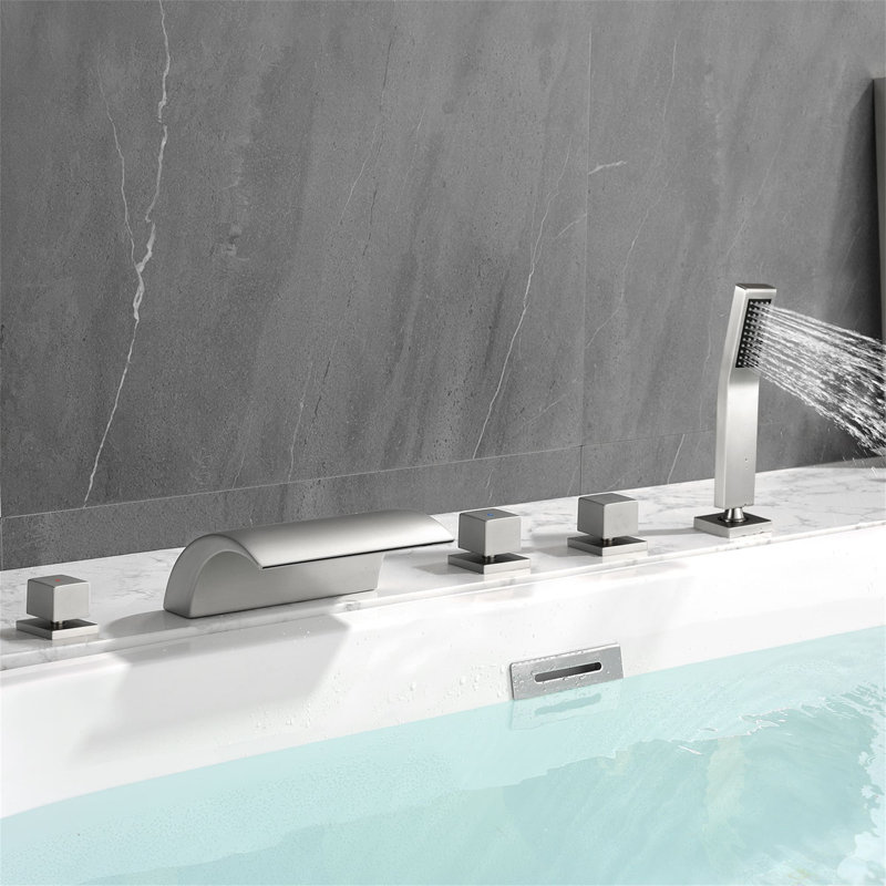 Deck Mount Tub Faucet With Handheld Shower 5 Hole Waterfall Bathtub Faucets Brass Triple Handle Tub Fillers With Valve