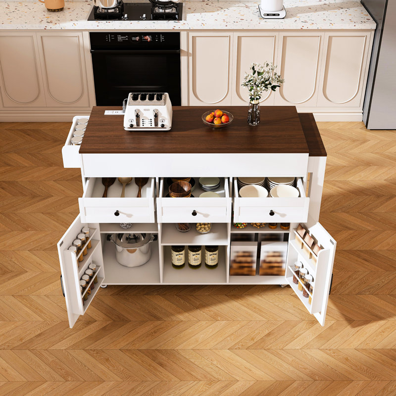 74.8" Kitchen Island With Extendable Dining Table, Power Outlet, 3 Drawers, 2 Door Cabinet - Flexible For And White Build Room