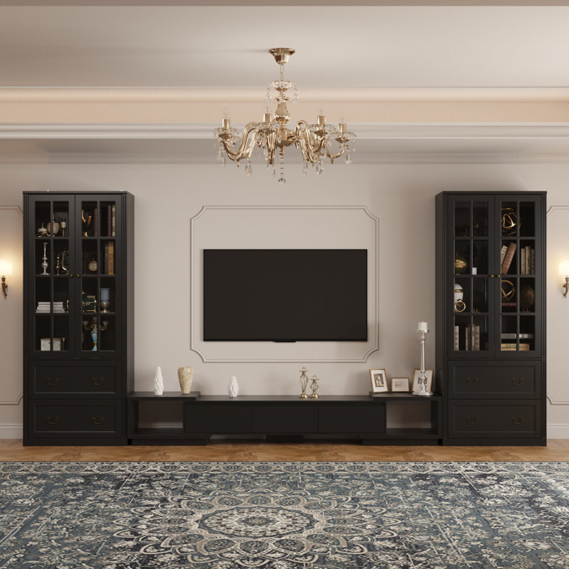 Meuble audio-vidéo réglable en bois d'ingénierie avec meuble télé extensible et bibliothèques en verre (ensemble de 3 pièces)