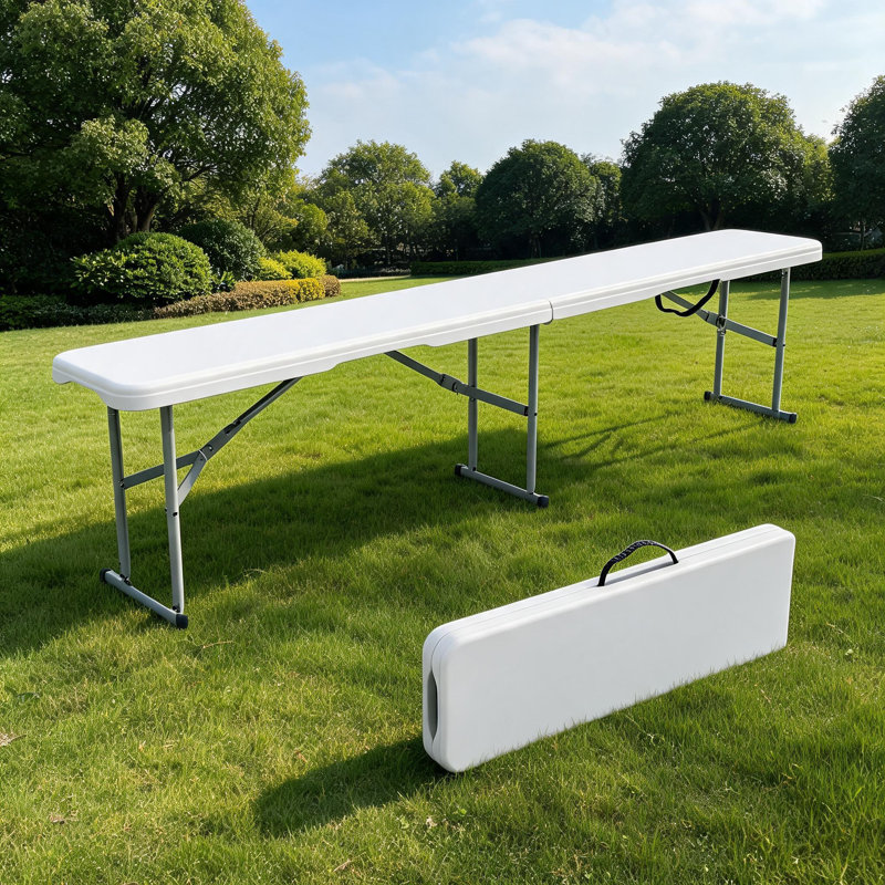 Banc en plastique pliable portatif de 6 pi avec poignée, siège d'extérieur robuste de 380 lb, table de pique-nique et de camping intérieur résistant aux intempéries, blanc