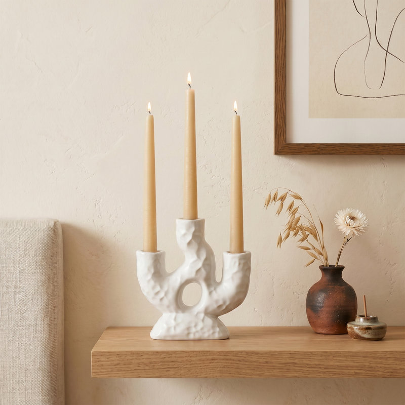 White Ceramic 3-Arm Candelabra, Sculptural Three-Arm Candle Holder for Taper Candles, Mantel, Console, or Dining Table
