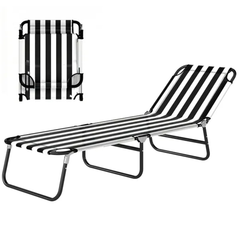 Folding Chaise Lounge Pool Chairs, Outdoor Sun Tanning Chairs with 5-Level Reclining Back, Steel Frame for Beach, Yard, Patio, Black and White
