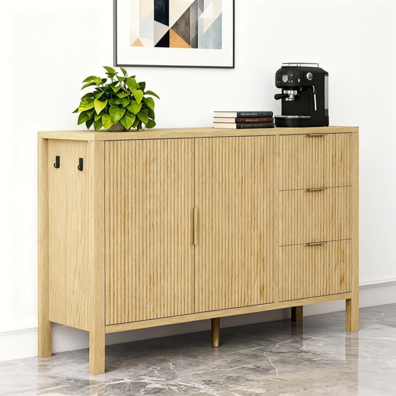 Wave-Pattern Large Storage Sideboard With Drawers&Hooks, Natural