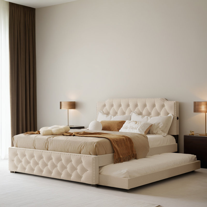 Base de lit tapissier grand format avec lit gigogne et ports USB, Beige