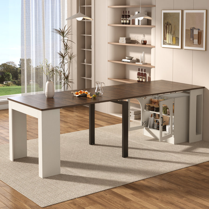 Ensemble table et chaises de salle à manger extensibles à 5 niveaux avec armoire de rangement vitrée cintrée, table minimaliste réglable de 259 cm (102 po) avec plateau en bois pour petits espaces