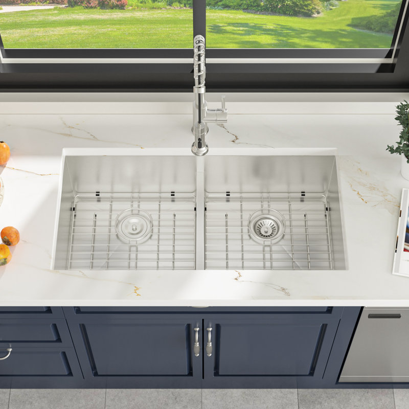 36" L x 19" W Low Divider Undermount Double Bowl Stainless Steel Kitchen Sink with Sink Grids and Basket Strainers