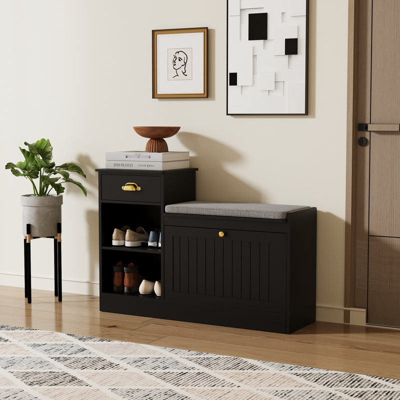  Shoe Storage Bench, Modern Wooden Shoe Cabinet With Flip Drawer And Adjustable Shelf, Entry Way Bench With Padded Seat Cushion For Entryway, Hallway, Living Room