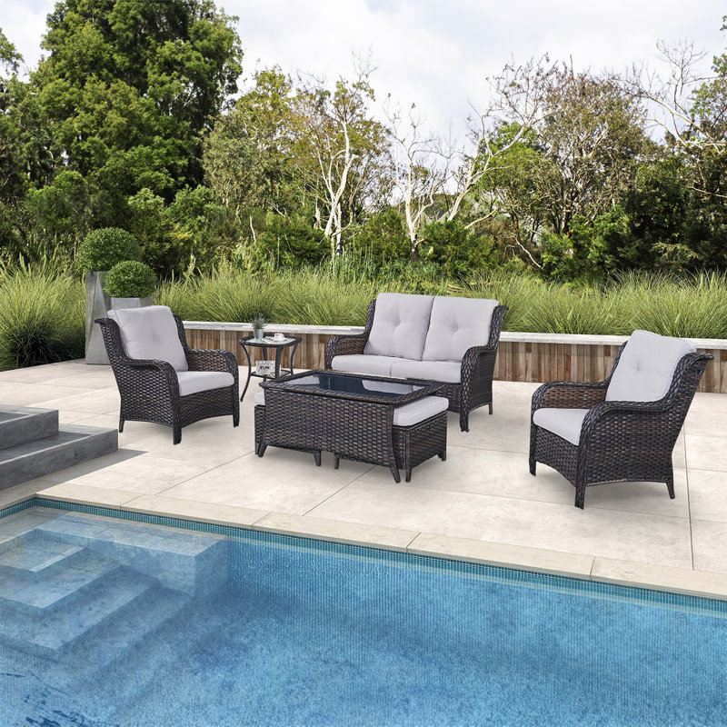 Schutt Wicker 4 - Person Patio Conversation Set with Cushions, Beige Cushion/Brown Frame