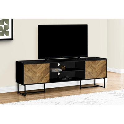 Meuble télé contemporain 72 po, meuble multimédia avec rangement à compartiments cachés, stratifié brun et noir, console en métal, tablette de porte centrale fermée en métal,
