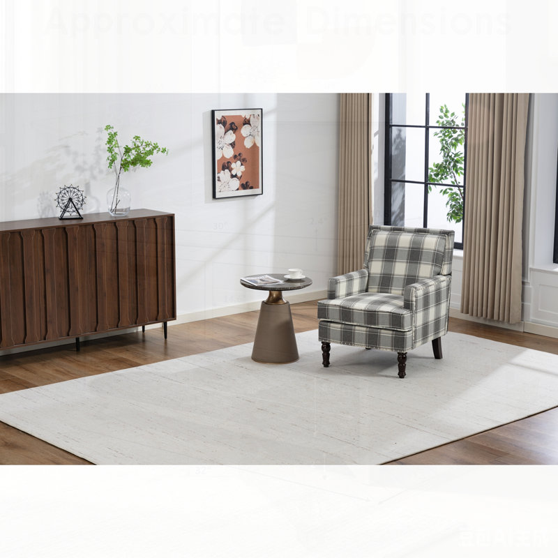 Chaise d'appoint rembourrée, fauteuil vintage avec tissu en lin gris et garniture cloutée pour le salon