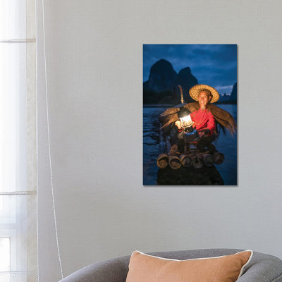 Chinese Cormorant Fisherman At Night On The Li River, Guangxi, Yangshuo, China by Jan Becke - Wrapped Canvas Print