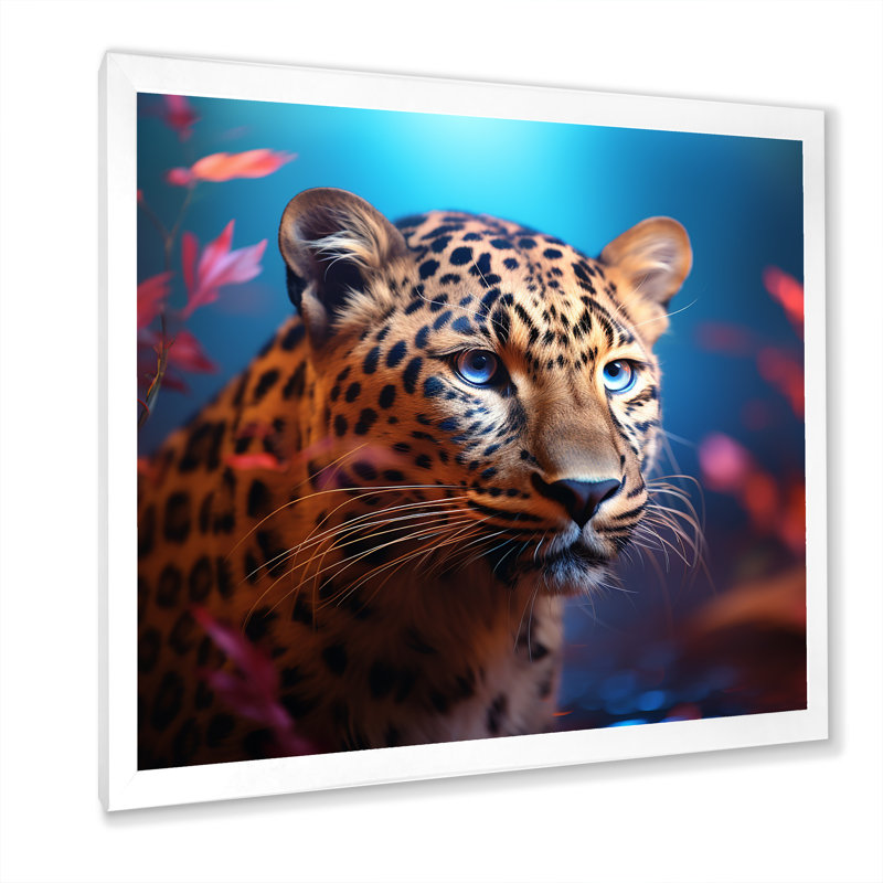 Portrait de léopard bleu et doré I - art mural léopard / guépard, Cadre photo blanc, H 30 po x l 30 po x P 1,5 po