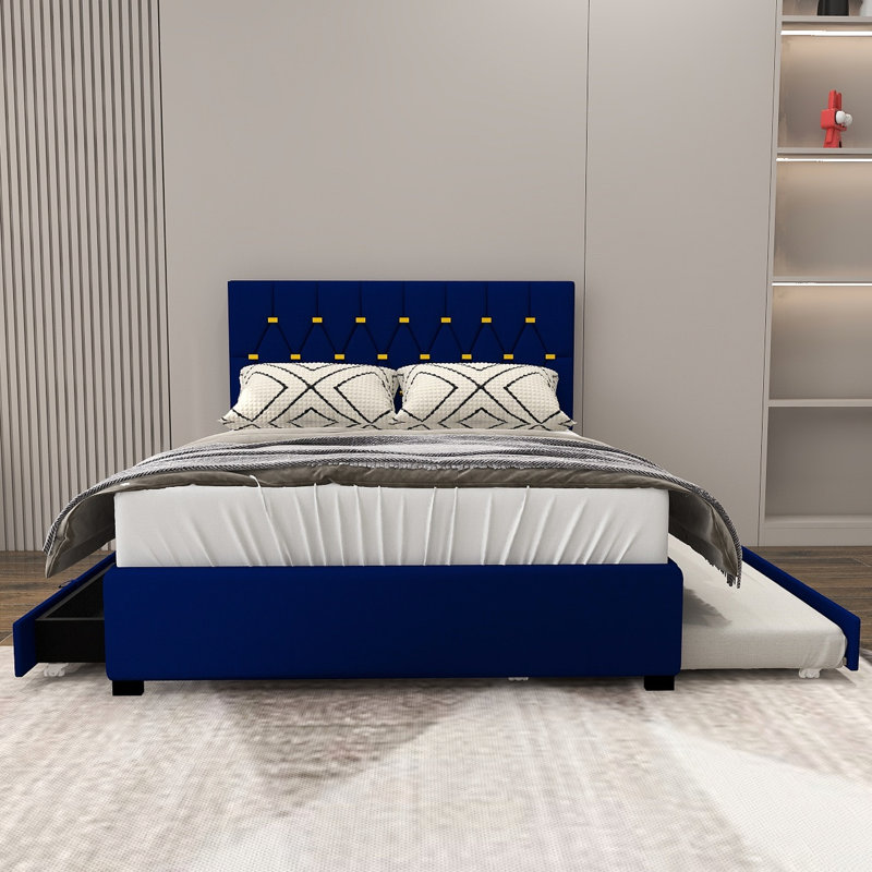 Lit en velours moderne avec lit gigogne double et 2 tiroirs de rangement