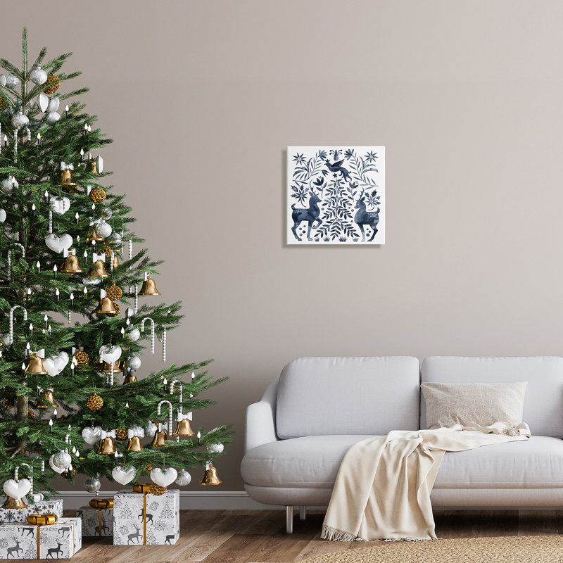 Chevreuil festif, colombe, sapin de Noël, plantes, feuilles, Toile tendue, H 17 po x l 17 po x P 1,5 po