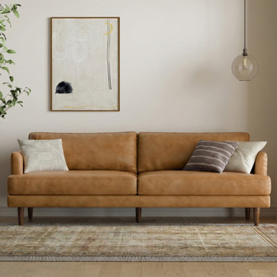 Livingston Top Grain Genuine Leather Mid-Century Modern Sofa With Solid Wood Frame For Living Room