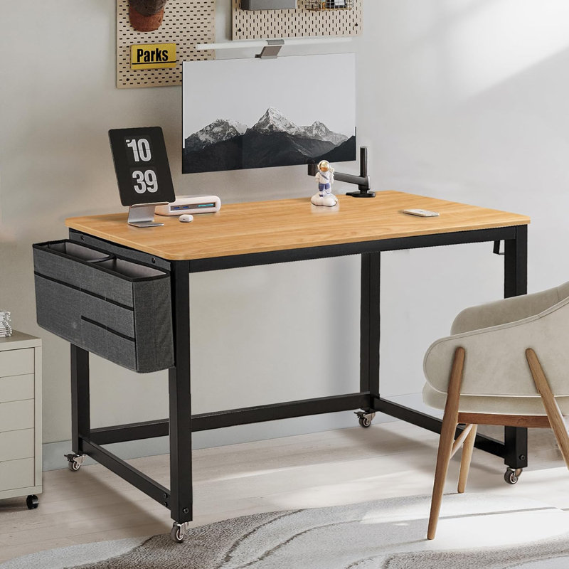 39" Rolling Computer Desk With 4 Smooth Wheels, Simple Style Mobile Writing Desk Home Office Study Table Movable Workstation With Metal Frame