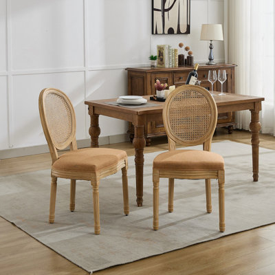 French Style Solid Wood Frame Dining Chairs With Antique Painting, Linen Fabric Upholstery And Rattan Back, Set Of Two For Elegant Dining Spaces