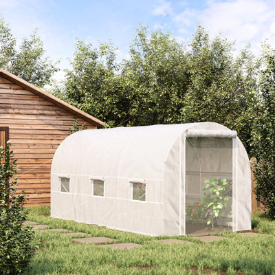 Walk-In Tunnel Greenhouse, 15'X7'x7', Steel Construction, 6 Windows & Door, Cover, White 15' X 7' Heavy-Duty Frame, White, Door - Grow Diverse Plants: Veggies, Fruits, Flowers, Herbs, Succulents,
