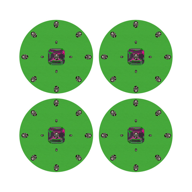 Asscher Purple Rain Vegan Leather Round Coasters, Acid Green