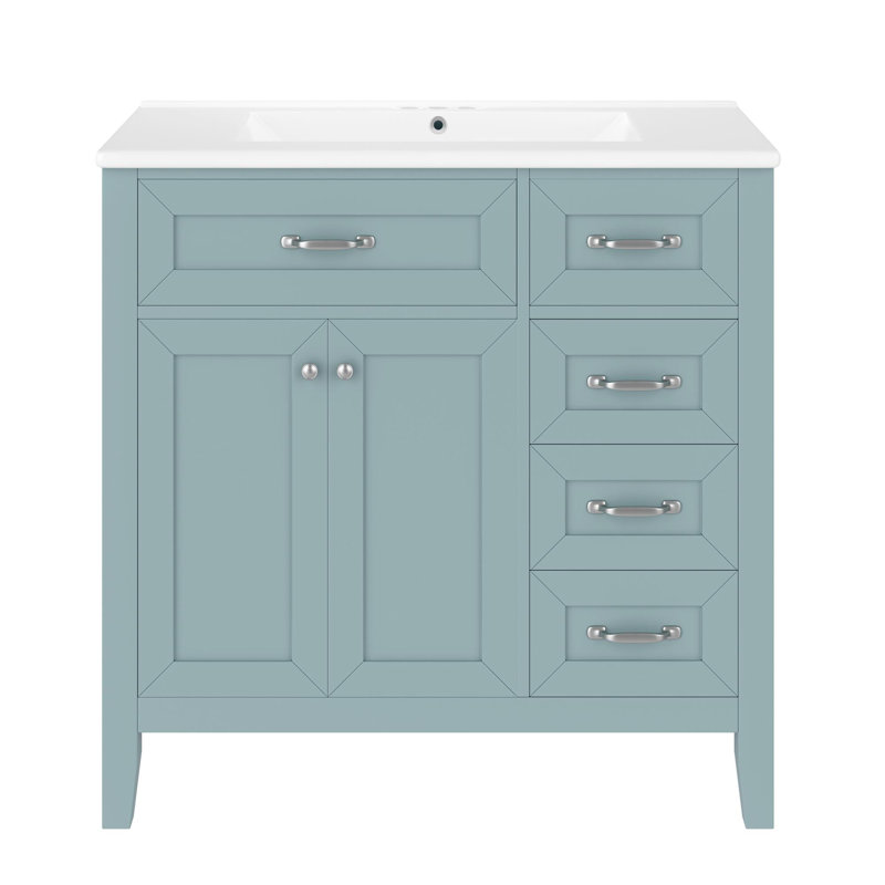 meuble-lavabo de salle de bain avec lavabo en céramique et armoires de toilette, Vert / Argent, 36"