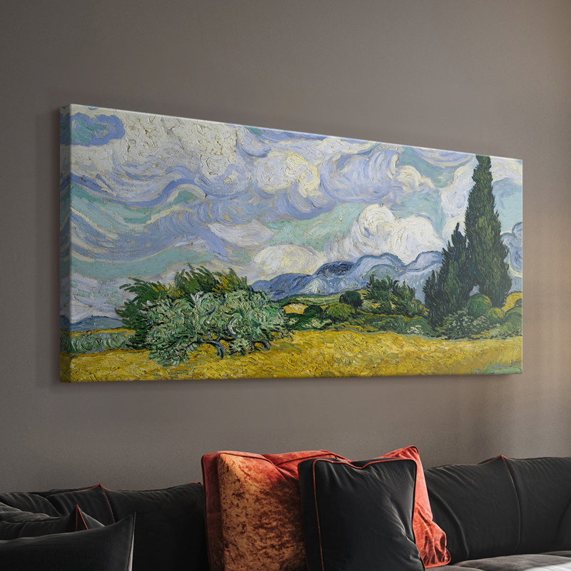 Champ de blé avec cyprès - Toile tendue avec châssis - Prêt à accrocher, H 16 po x l 32 po