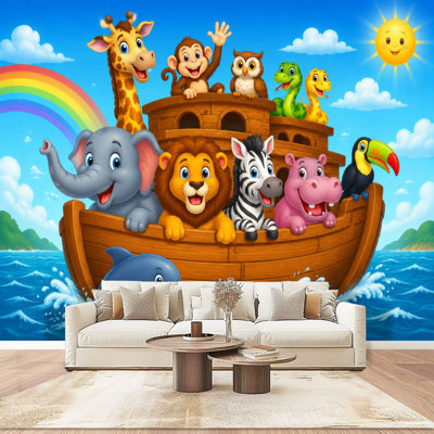 Peel and Stick Wallpaper Kids Wall Mural Colorful Cartoon Happy Animals Blue Ocean Waves Wall Art Self Adhesive and Removable